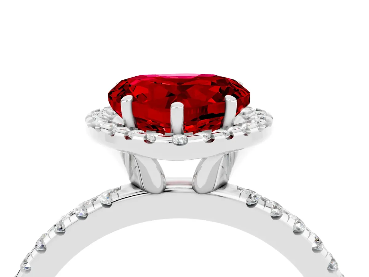 Heart Cut Ruby Halo Engagement Ring with Round Pavé Band and Prong Setting Platinum