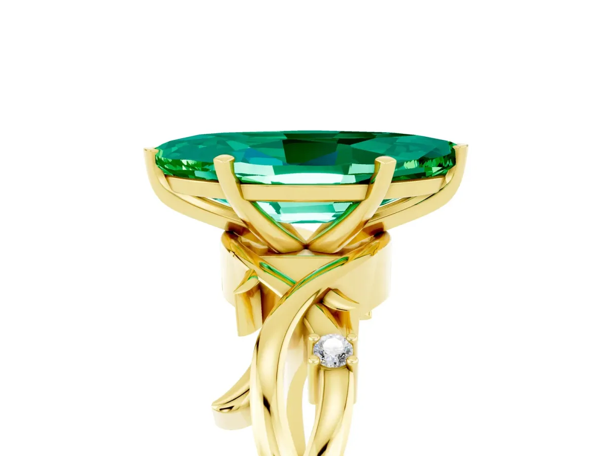 Marquise Cut Emerald Solitaire Ring with Twisted Band and Prong Setting Yellow gold