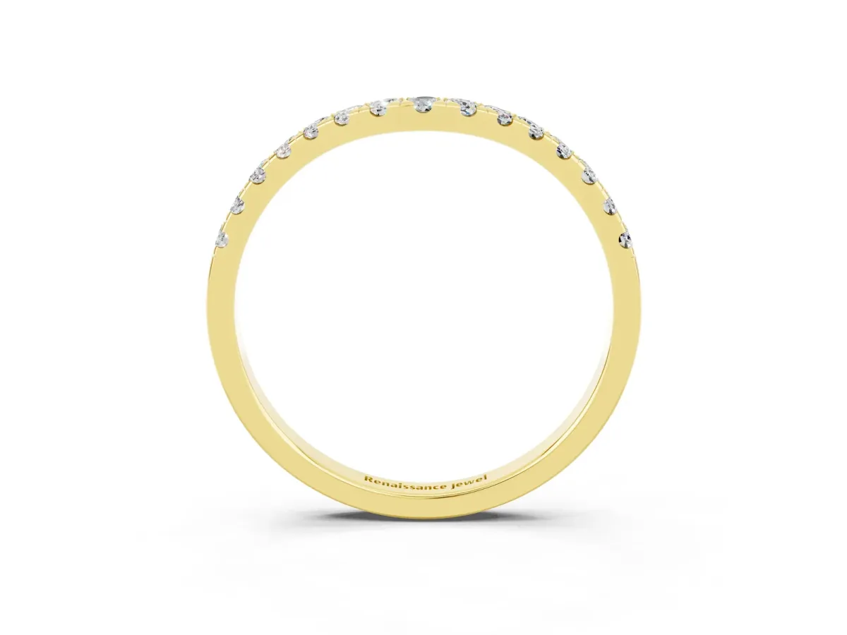 Curved Pavé Round Moissanite Wedding Band with Shared Prong Setting Yellow gold