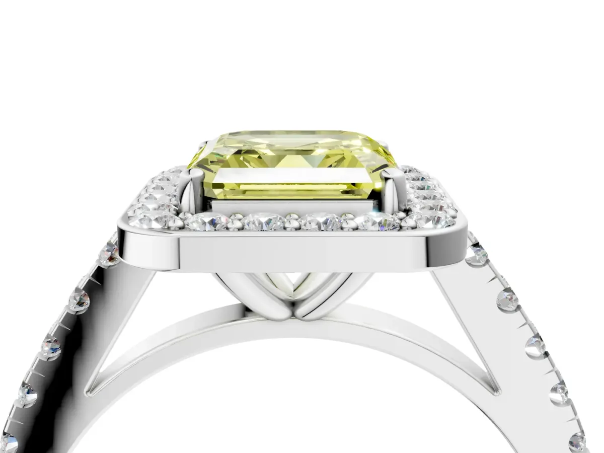 Fancy Yellow Asscher Cut Diamond Halo Ring with Round Pavé Split Shank and Prong Setting Platinum