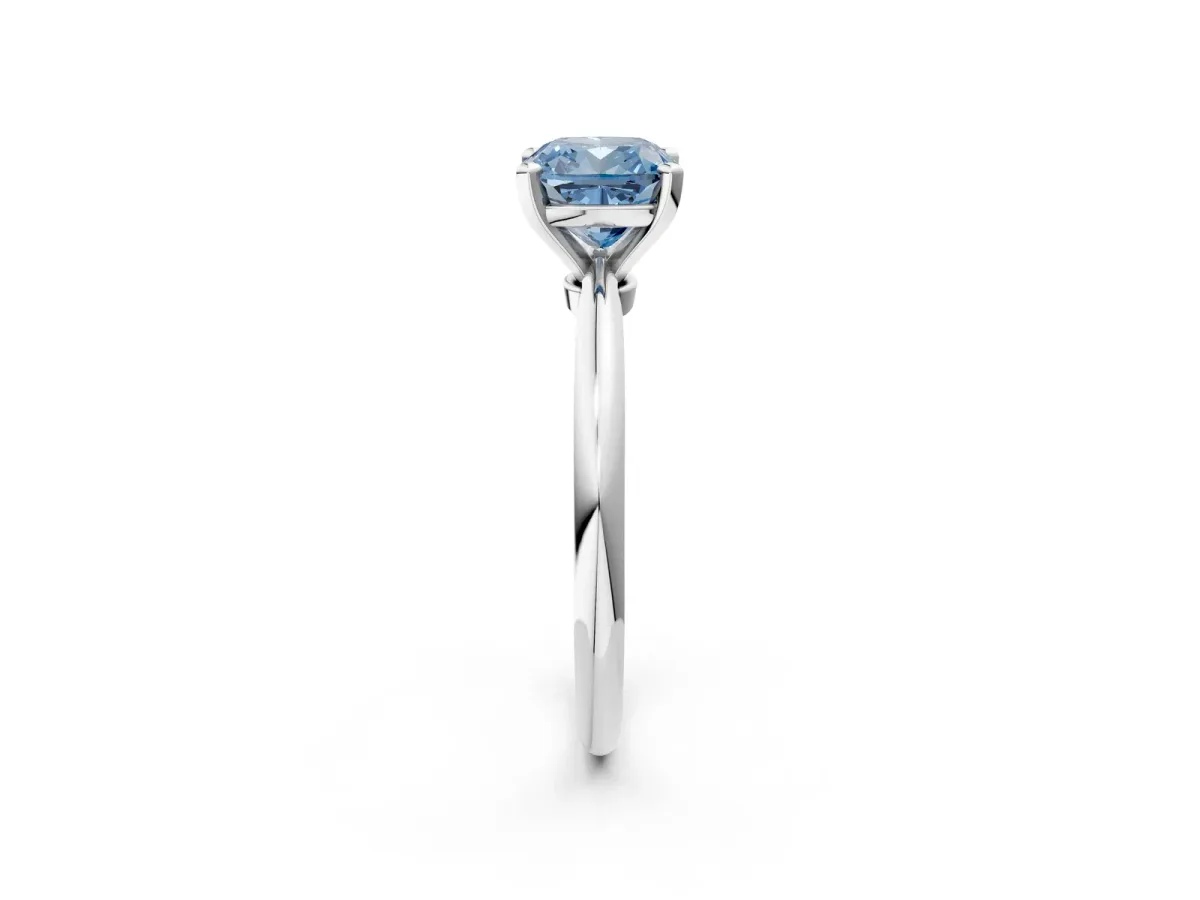 Fancy Blue Cushion Cut Diamond Solitaire Ring with Six-Prong Setting and Classic Band Silver