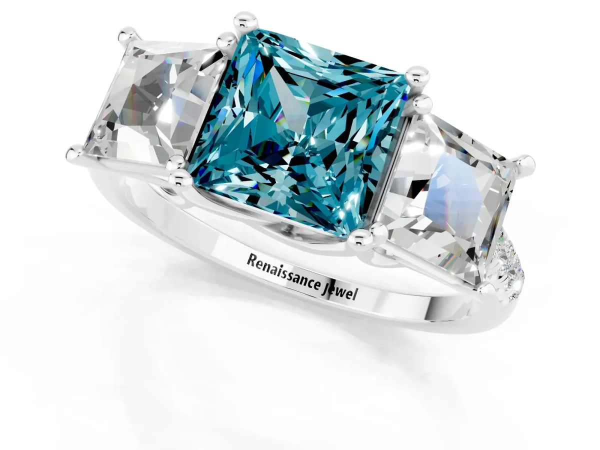 Three-Stone Princess Cut Blue Topaz Ring with Round Pavé Band and Prong Setting Silver
