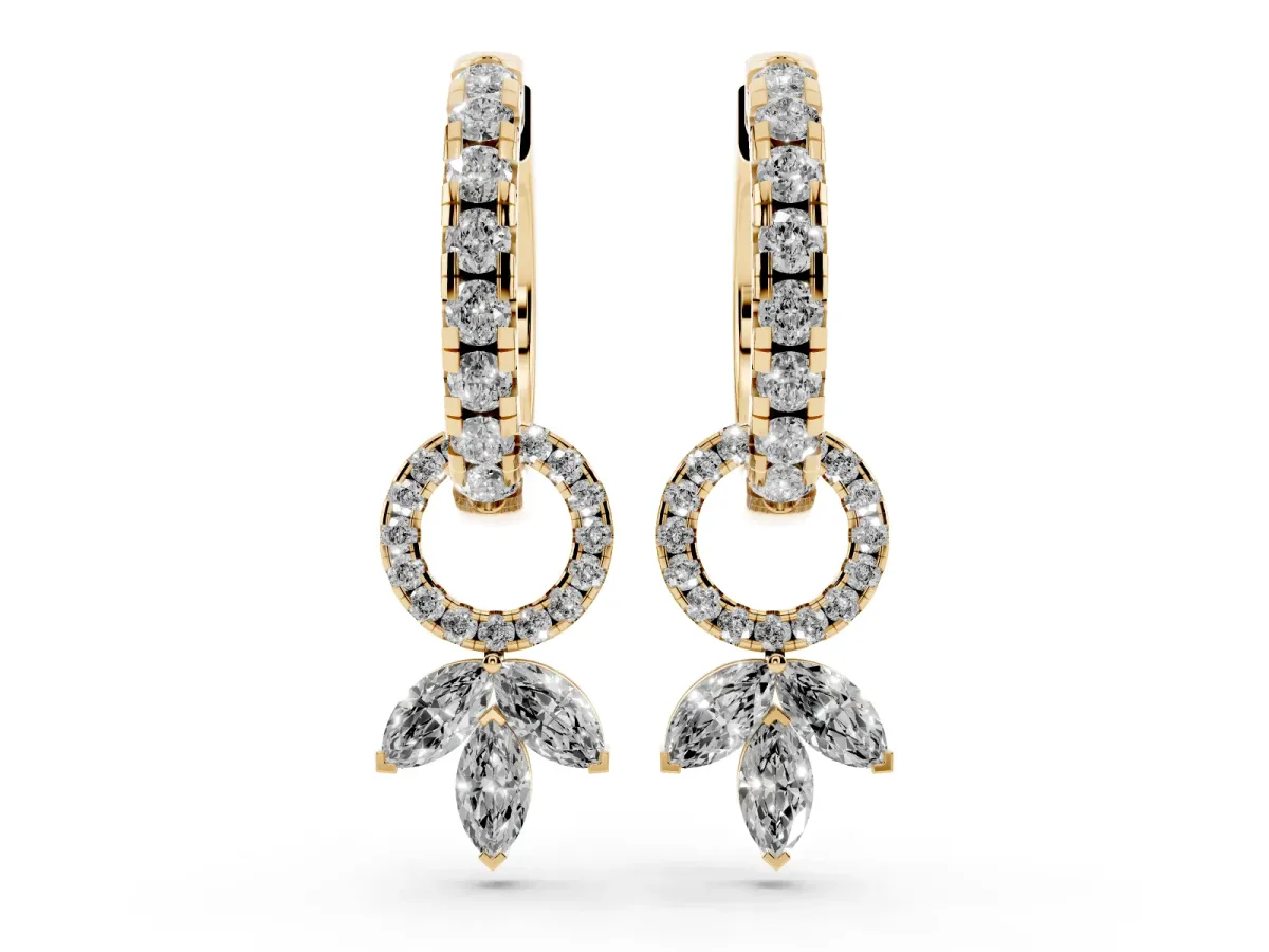 Round and Marquise Diamond Huggie Drop Earrings Yellow gold