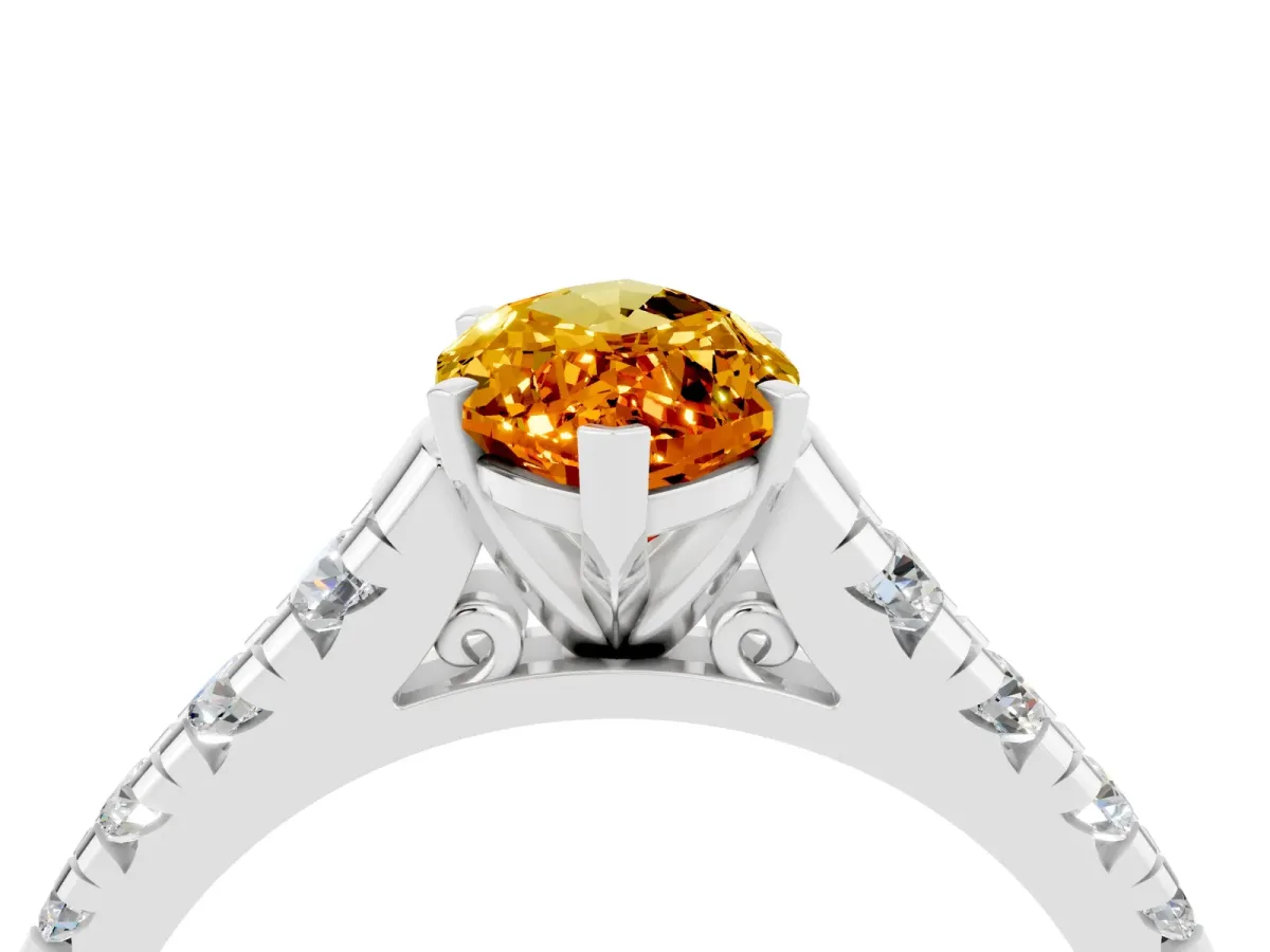 Marquise Cut Citrine Cathedral Solitaire Ring with Round Pavé Band Silver