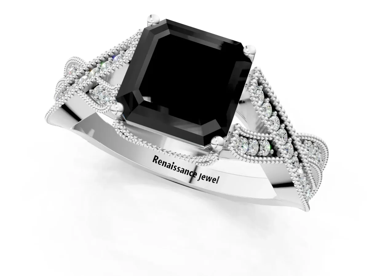 Fancy Black Asscher Cut Cut Diamond Twisted Band with Milgrain Pave Setting and Four-Prong Setting Platinum