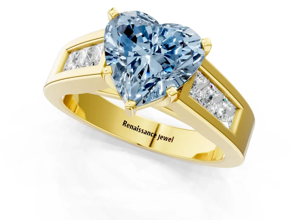 Fancy Blue Heart Cut Cut Channel Set Solitaire Ring with Four-Prong Setting Yellow gold