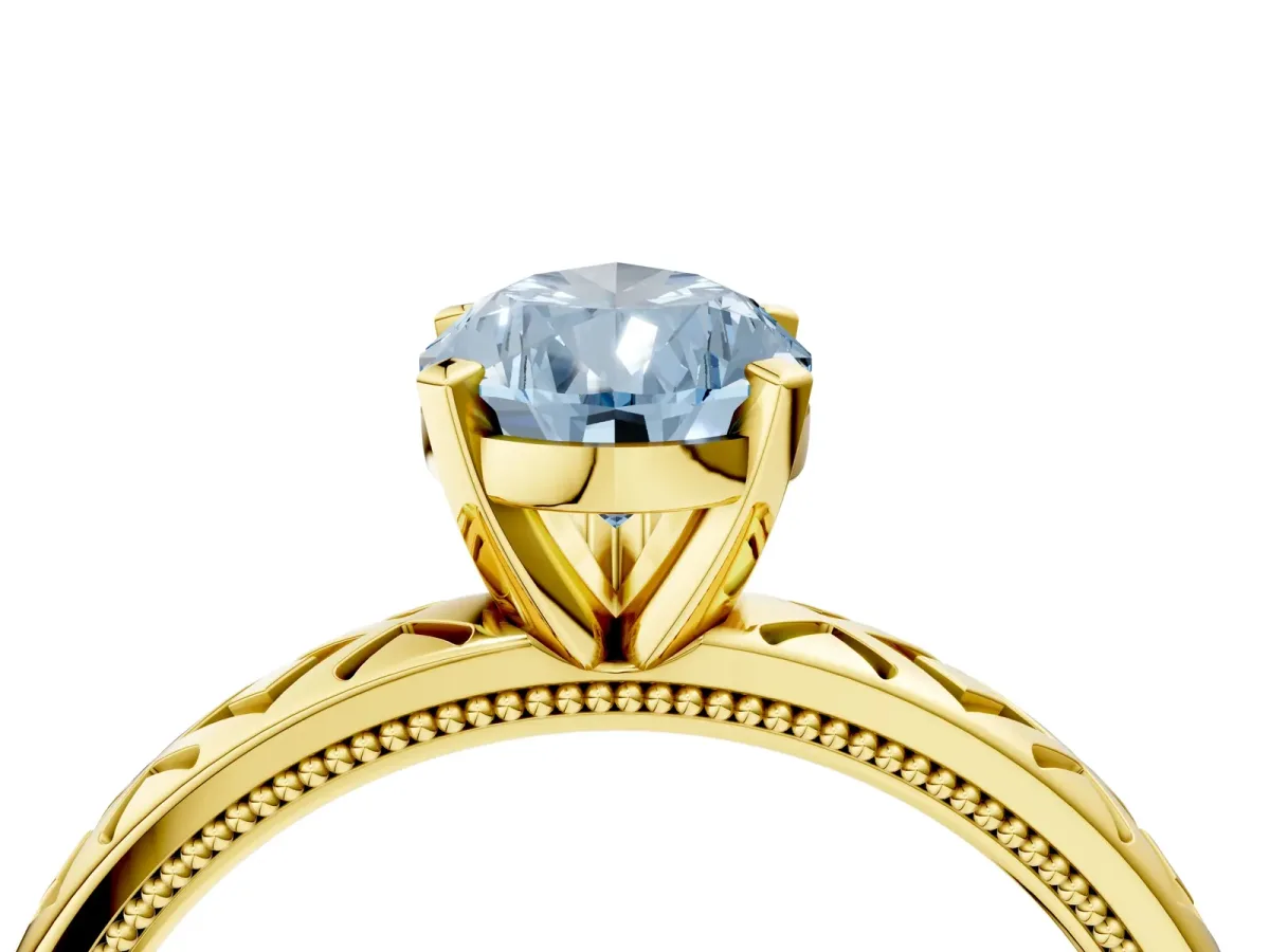 Fancy Blue Pear Cut Solitaire Diamond Ring with Milgrain and Black Enamel X Pattern Band Yellow gold
