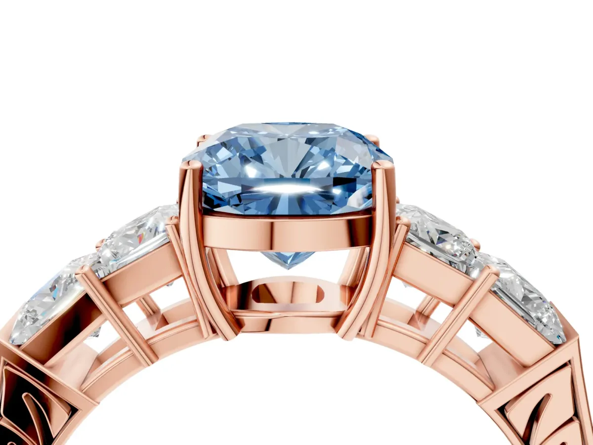 Fancy Blue Cushion Cut Solitaire Princess Side Stone Engraved Band Prong Setting Ring Rose gold