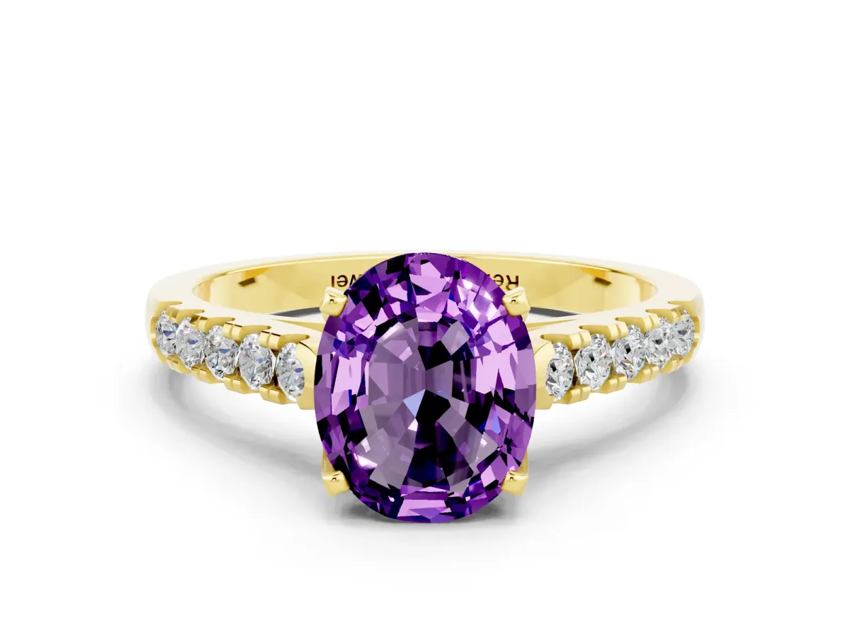 Oval Cut Amethyst Pavé Band Solitaire Ring with Prong Setting Yellow gold