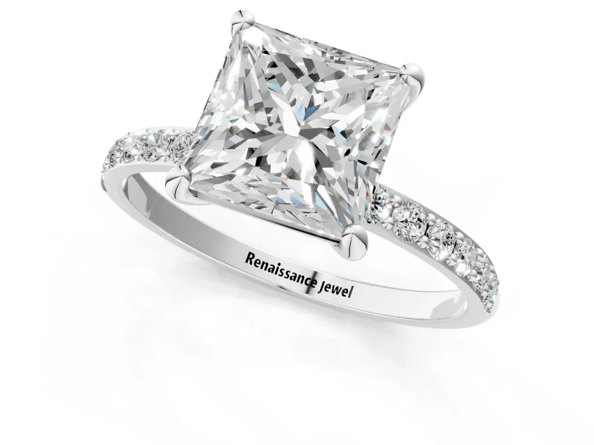 Princess Cut Diamond Solitaire Ring with Round Pavé Band and Prong Setting Platinum