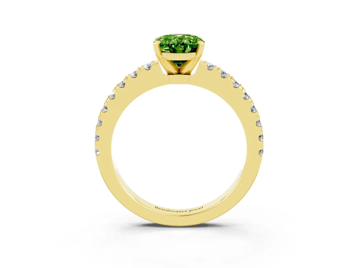 Oval Cut Solitaire Peridot with Pavé Band and Four-Prong Setting Yellow gold