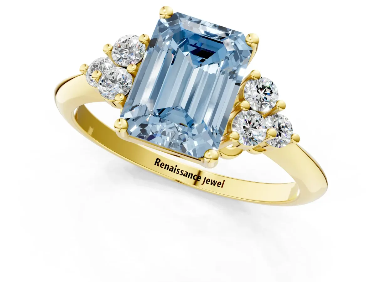 Fancy Blue Emerald Cut Cut Diamond Cluster Ring with Solitaire Band and Four-Prong Setting Yellow gold