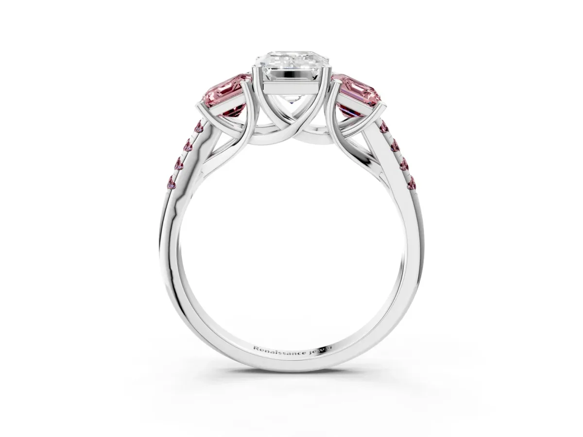 Three-Stone Emerald Cut Diamond Ring with Round Morganite Pavé Band and Prong Setting Silver