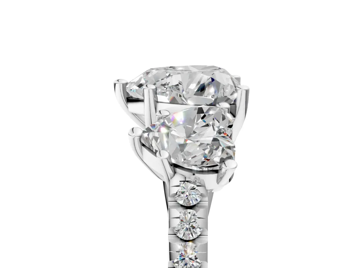 Three-Stone Heart Cut Diamond Ring with Round Pavé Band and Prong Setting Platinum