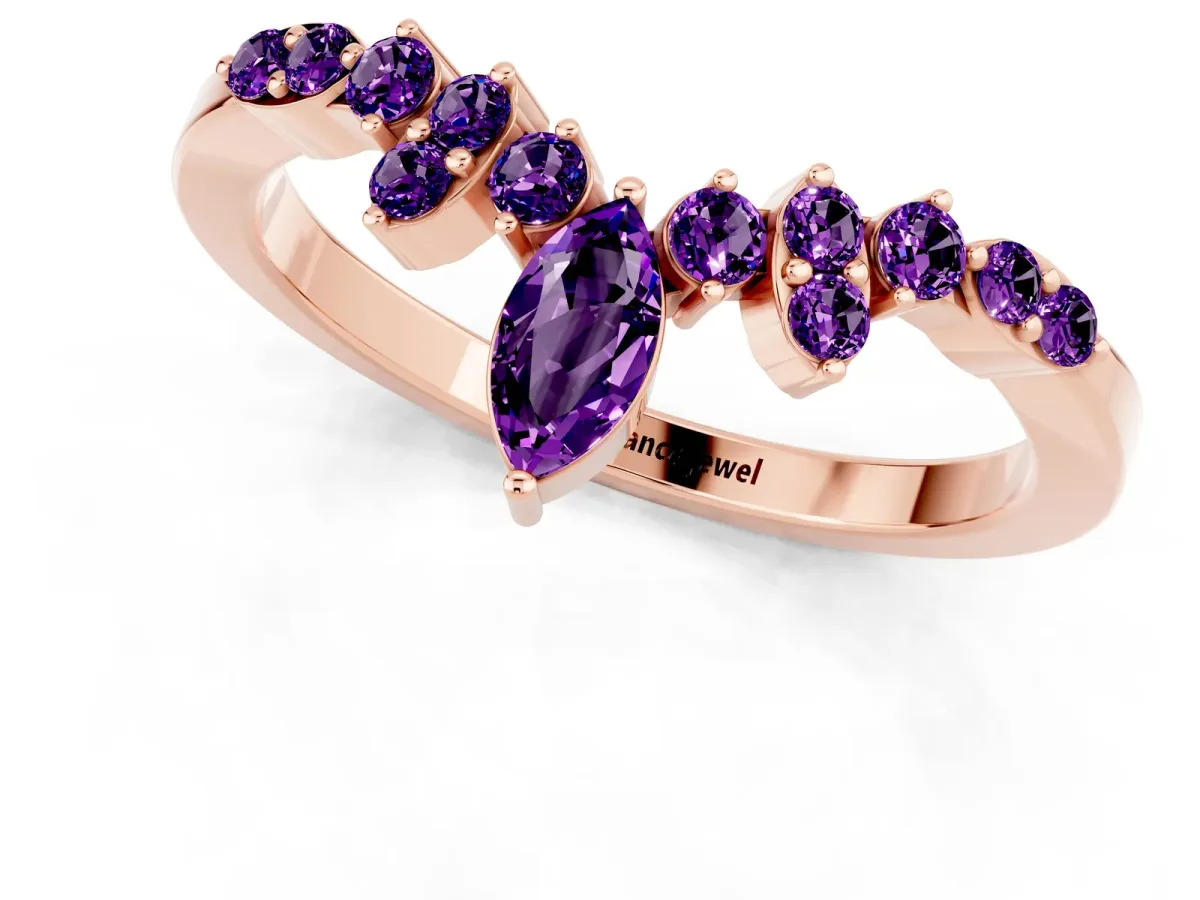 Marquise and Round Amethyst Chevron Band with Prong Setting Rose gold