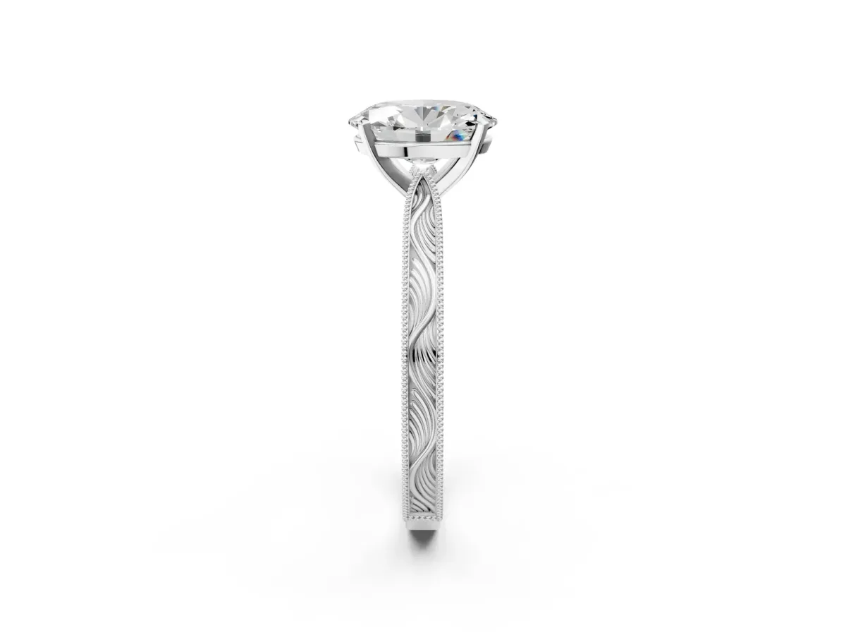 Oval Cut Solitaire Milgrain Engraved Band with Four-Prong Setting White gold