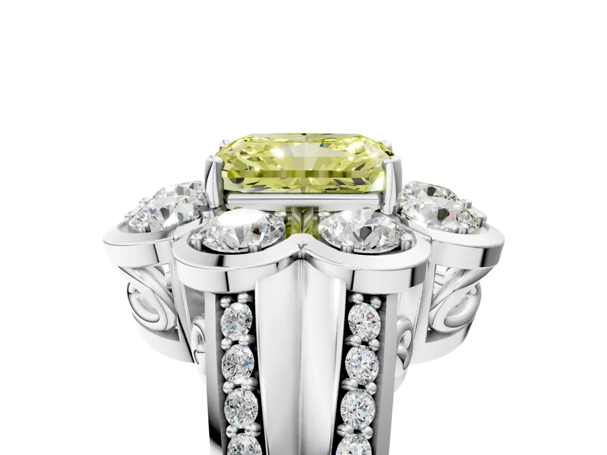 Fancy Yellow Radiant Cut Brilliant Flower Halo Diamond Split Shank Ring Platinum