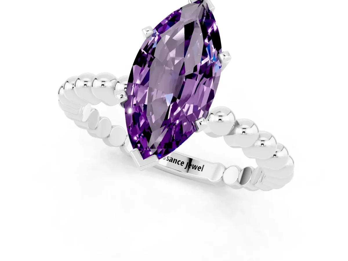 Marquise Cut Amethyst Solitaire Ring with Beaded Band and Prong Setting Silver