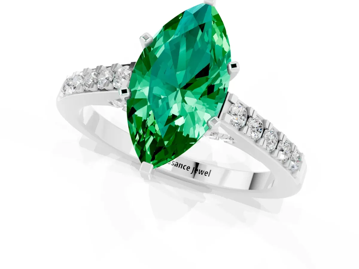 Marquise Cut Emerald Solitaire Ring with Crossover Gallery and Round Pavé Band Silver