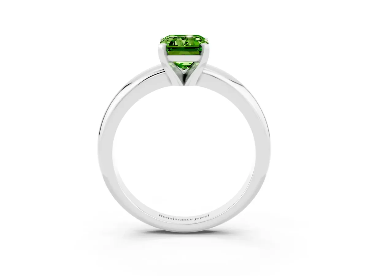 Emerald Cut Peridot Solitaire Engagement Ring with Round Band and Four-Prong Setting Silver