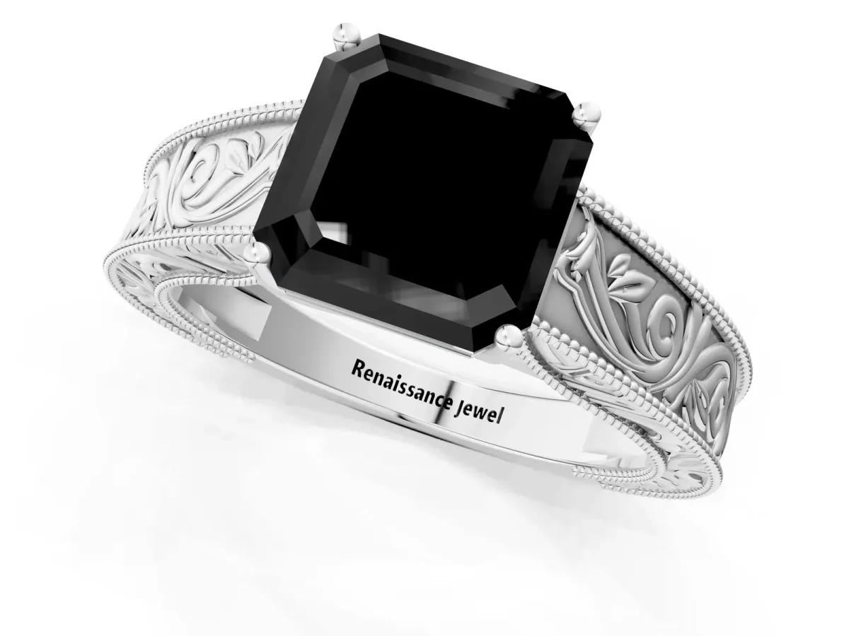 Fancy Black Asscher Cut Diamond Solitaire Ring with Engraved Band and Four-Prong Setting Platinum