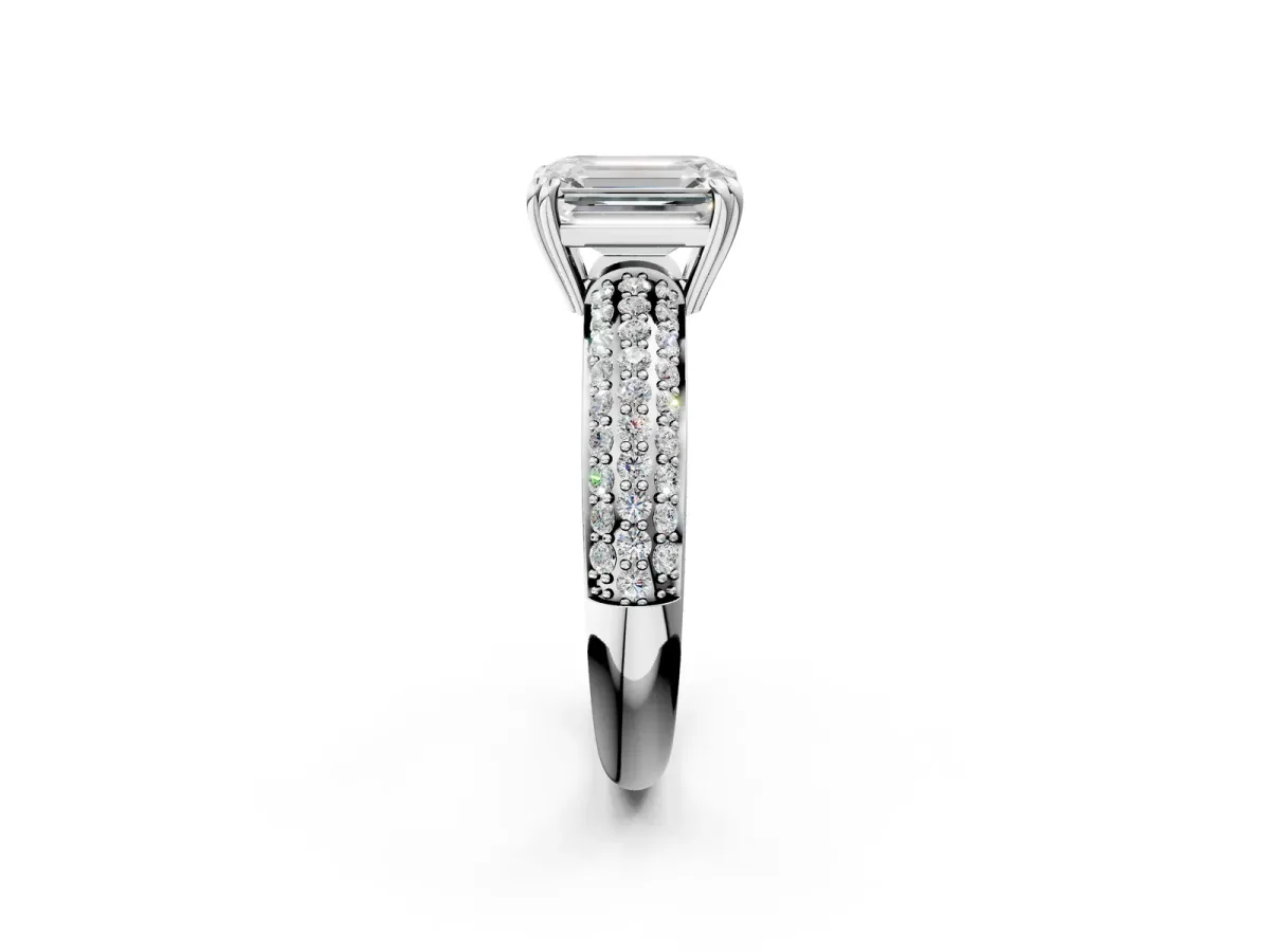 Emerald Cut Diamond Solitaire Ring with Multi-Row Round Pavé Band and Prong Setting White gold