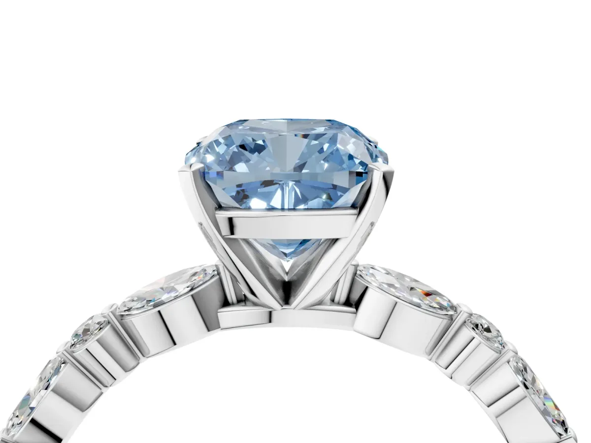 Fancy Blue Cushion Cut Diamond Ring with Marquise and Round Side Stones and Four-Prong Setting Silver