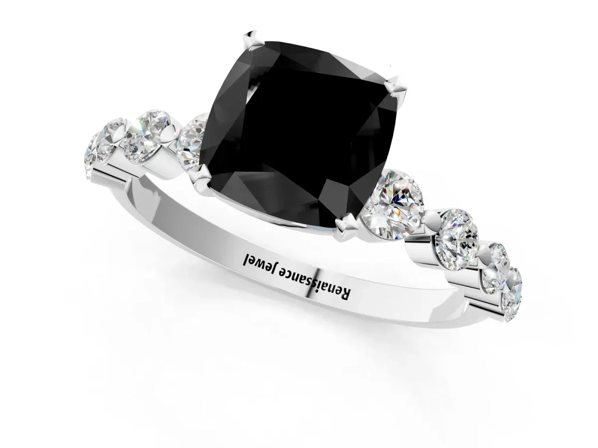 Fancy Black Cushion Cut Solitaire Diamond Ring with Pave Band and Four-Prong Setting Silver