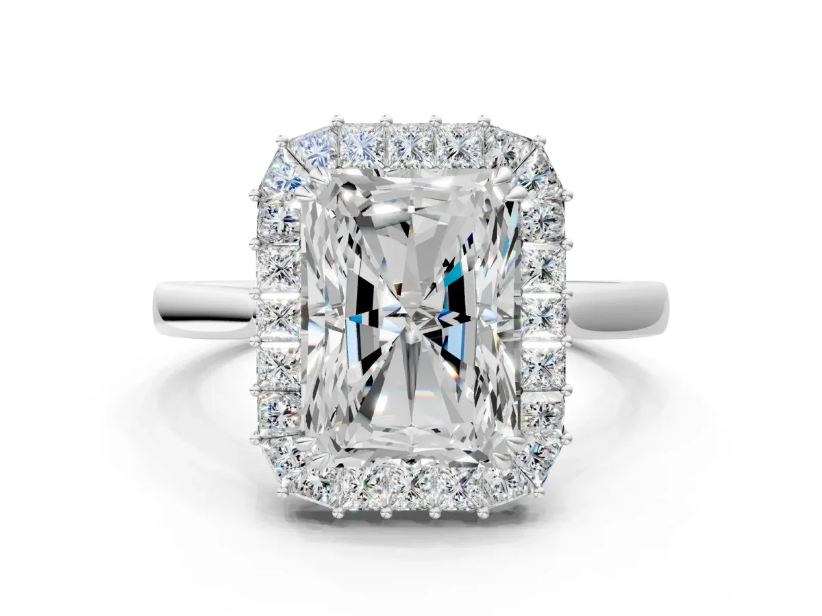 Radiant Diamond Baguette Halo Engagement Ring Silver
