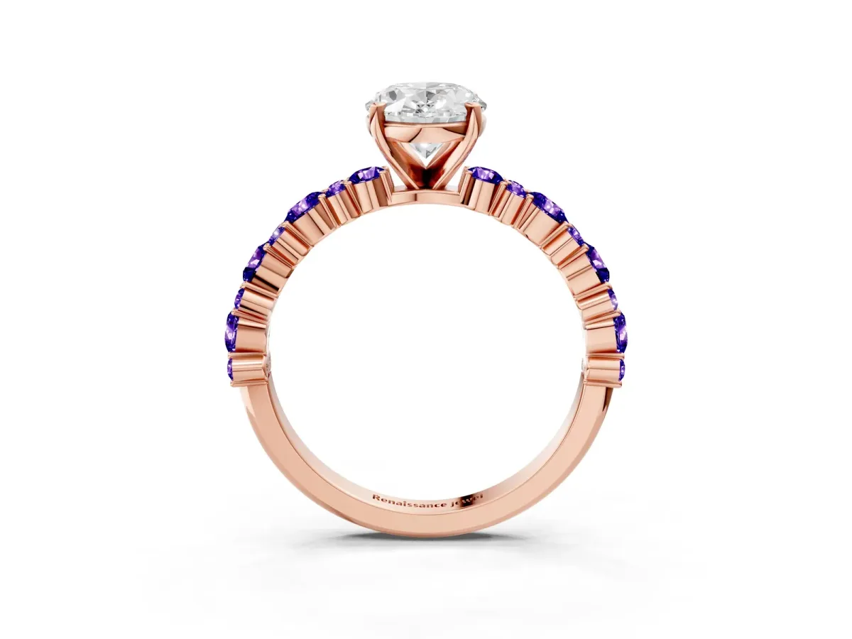 Oval Cut Diamond Side Stone Solitaire Ring with Round Tanzanite and Four-Prong Setting Rose gold