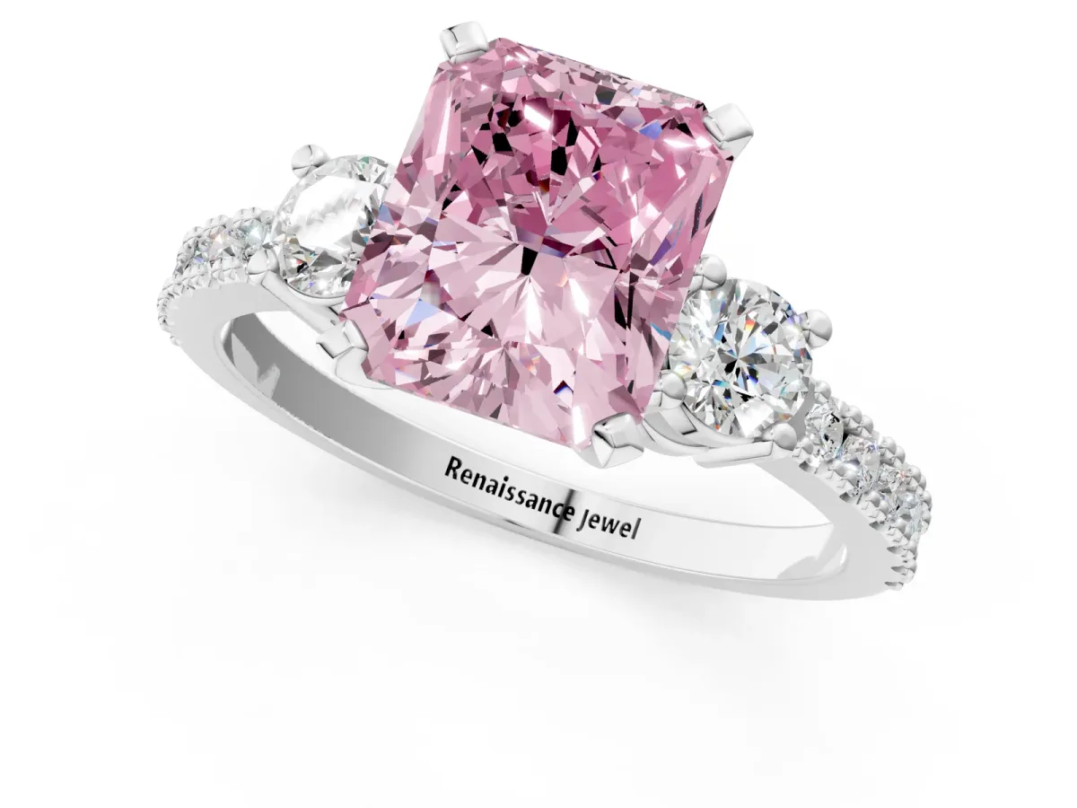 Fancy Pink Radiant Cut Cut Three-Stone Diamond Pavé Band with Prong Setting Platinum