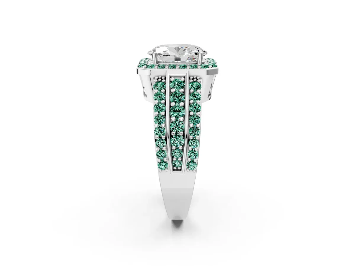 Oval Cut Halo Diamond Ring with Round Green Sapphire Split Shank and Prong Setting Silver