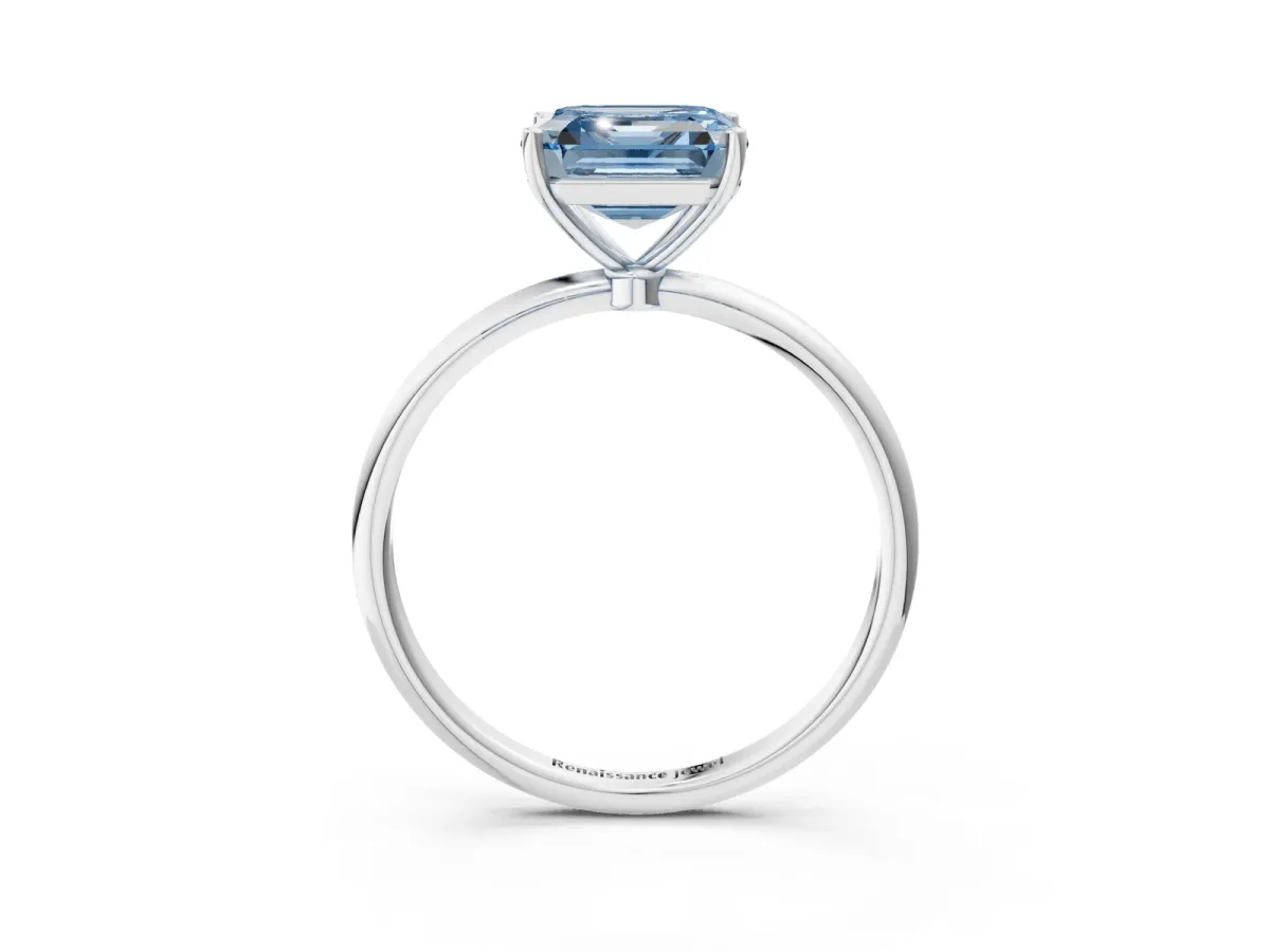 Fancy Blue Asscher Cut Cut Solitaire Engagement Ring with Thin Band and Four-Prong Setting Platinum