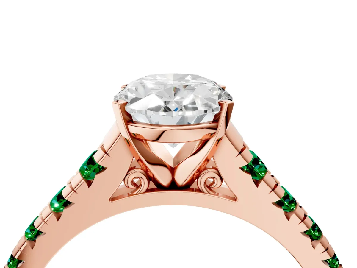 Oval Cut Diamond Cathedral Solitaire Ring with Round Emerald Pavé Band Rose gold