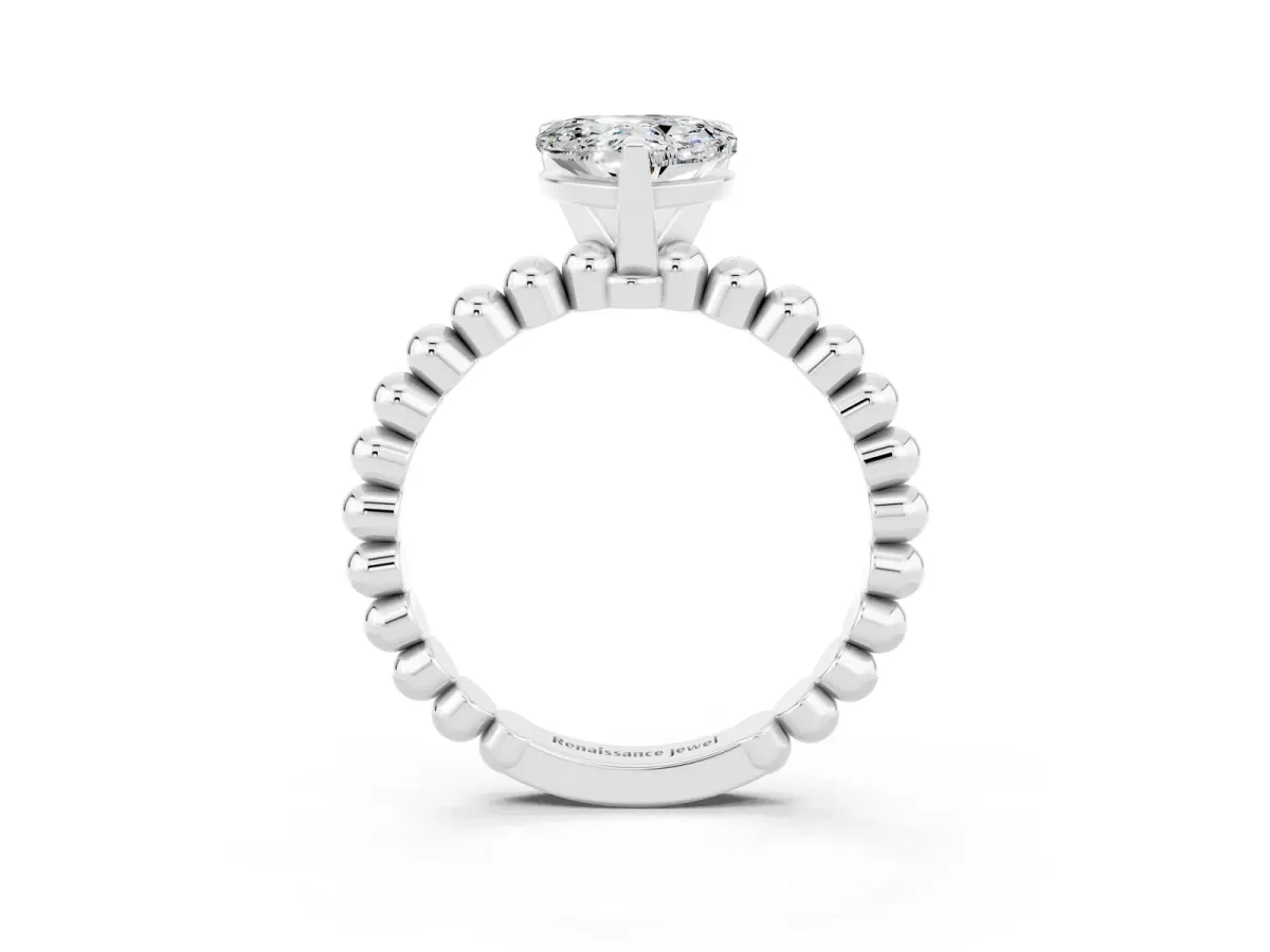 Heart Cut Moissanite Solitaire Ring with Beaded Band and Prong Setting Silver
