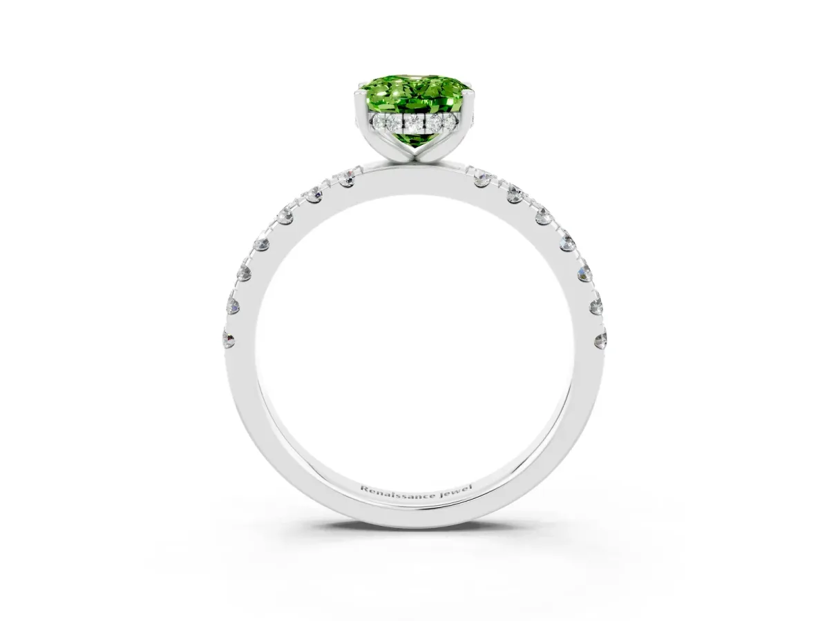 Oval Cut Peridot Pave Band Solitaire Ring with Round and Prong Setting Platinum