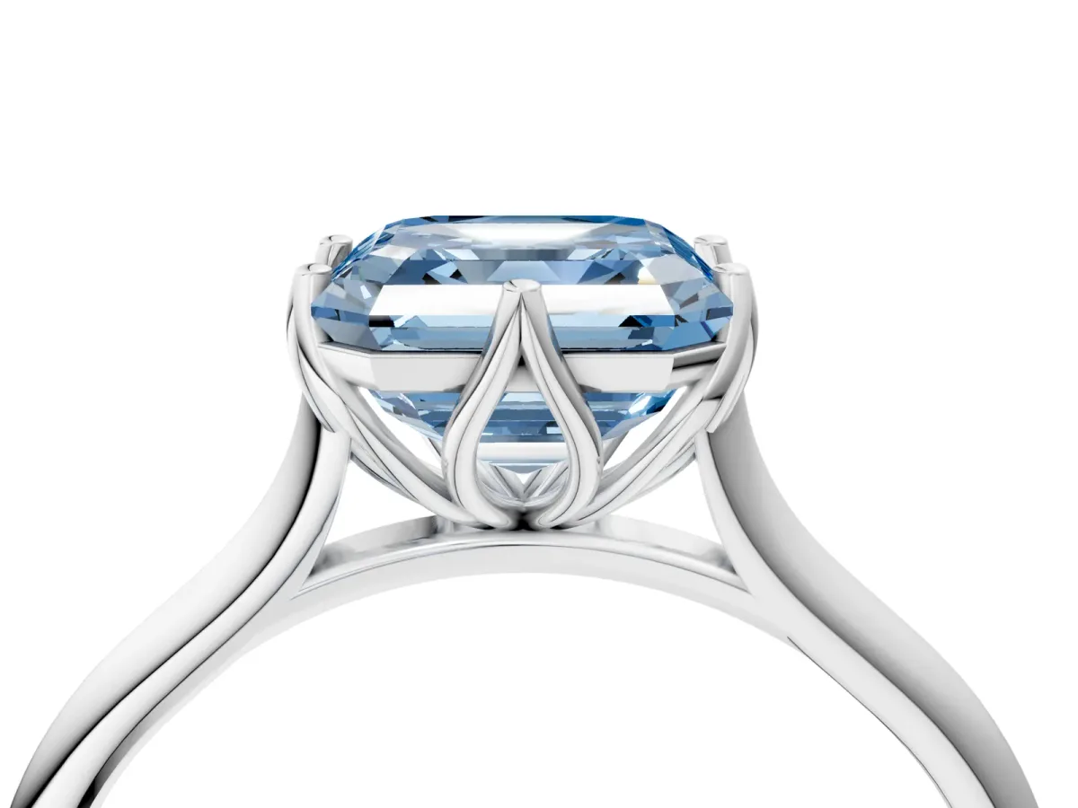 Fancy Blue Asscher Cut Solitaire Cathedral Diamond Ring with Six-Prong Setting Platinum