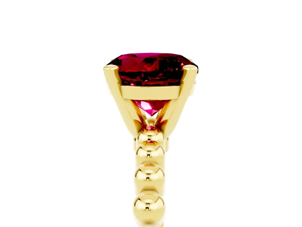 Round Cut Garnet Solitaire Ring with Beaded Band and Prong Setting Yellow gold