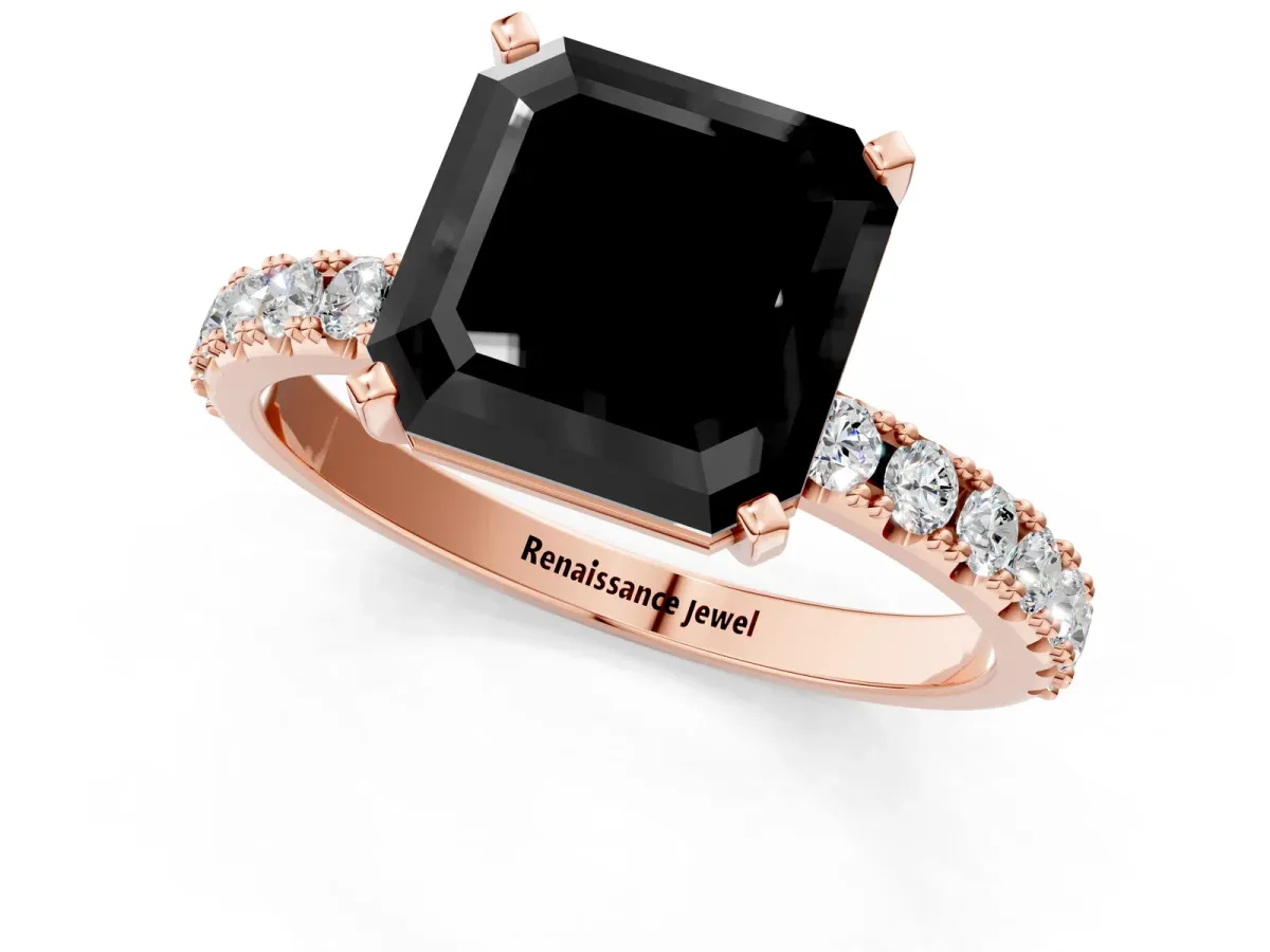 Fancy Black Asscher Cut Diamond Solitaire Pavé Band with Four-Prong Setting Rose gold