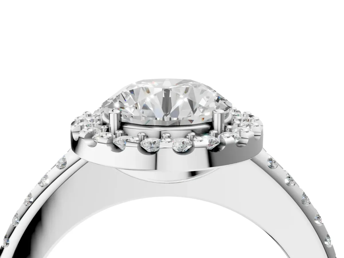 Round Cut Diamond Pavé Halo Ring with Four-Prong Setting White gold
