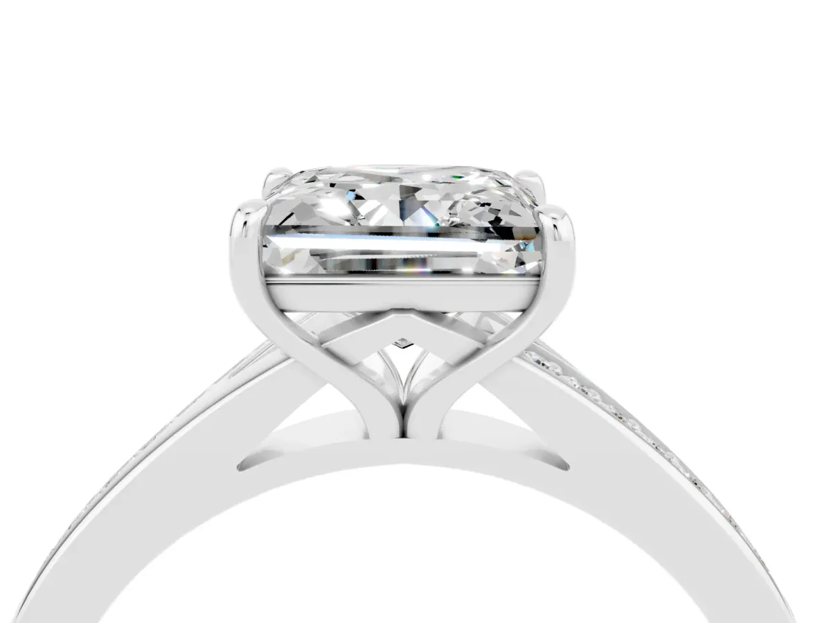 Princess Cut Moissanite Solitaire Ring with Pavé Band and Prong Setting Silver