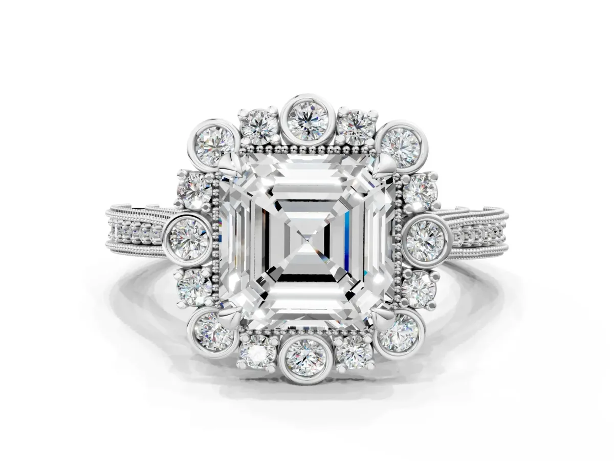 Asscher Cut Halo Milgrain Pave Diamond Ring with Four-Prong Setting Platinum