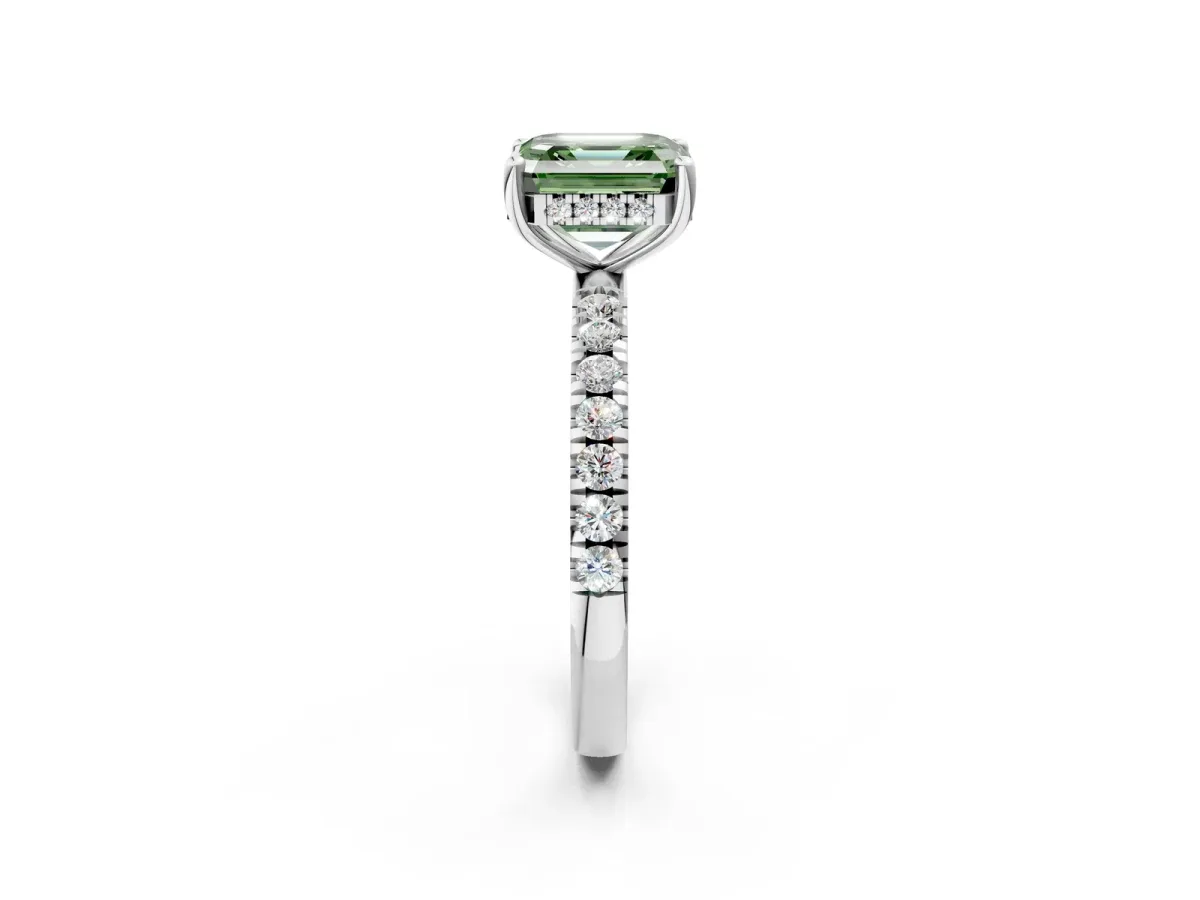 Fancy Green Asscher Cut Diamond Pave Band Solitaire Ring with Round and Prong Setting Platinum