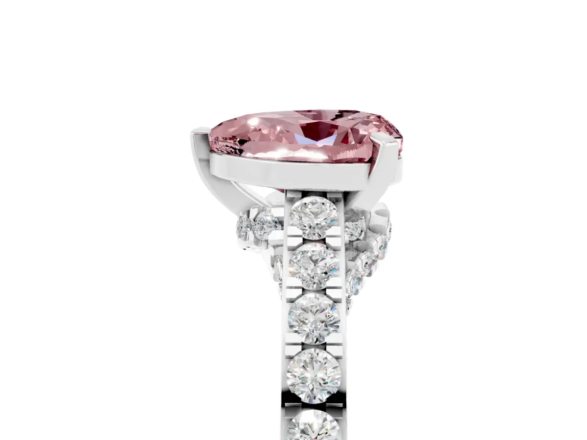 Heart Cut Morganite Solitaire Ring with Crossover Gallery and Round Pavé Band Silver