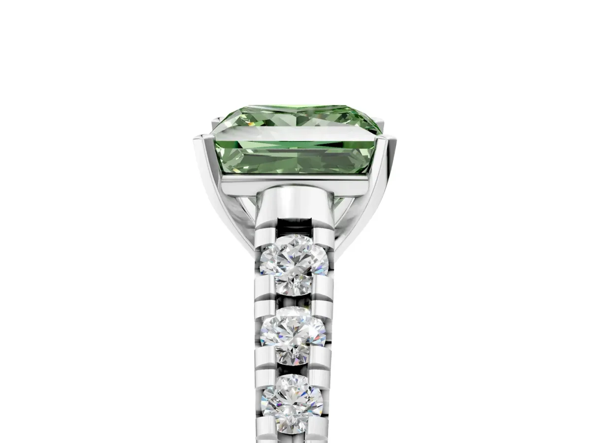 Fancy Green Princess Cut Diamond Cathedral Solitaire Ring with Round Pavé Band Silver