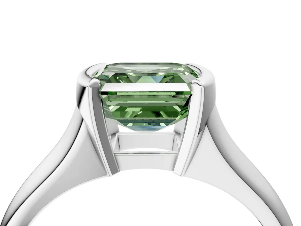 Fancy Green Asscher Cut Solitaire Tension Set Diamond Ring with Split Shank Band Platinum