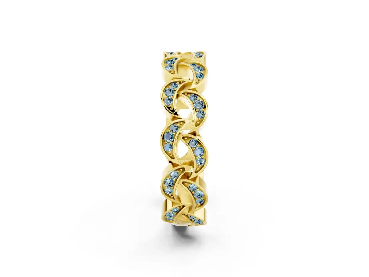 Pavé Round Aquamarine Interlocking Eternity Band with Bezel Prong Setting Yellow gold