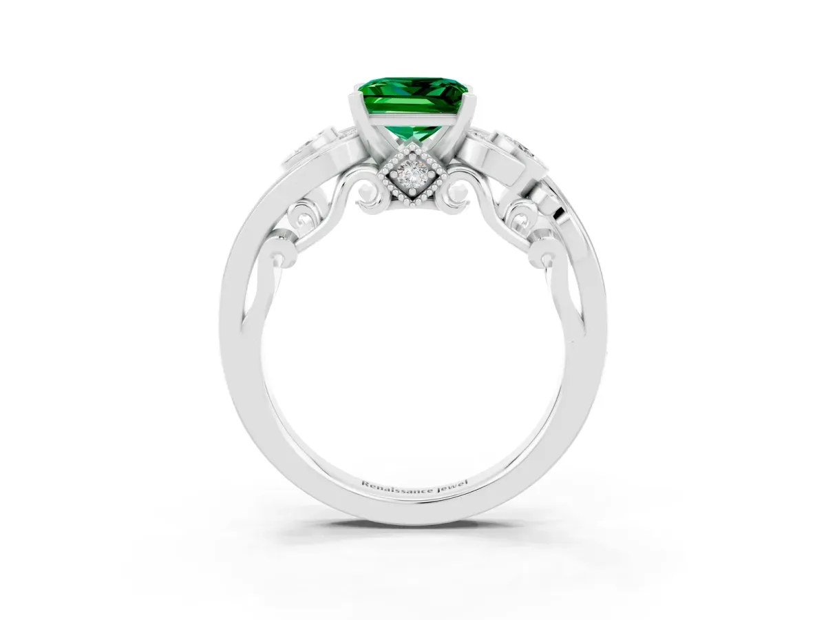 Princess Cut Emerald Solitaire Ring with Milgrain Pavé Band and Four-Prong Setting Silver