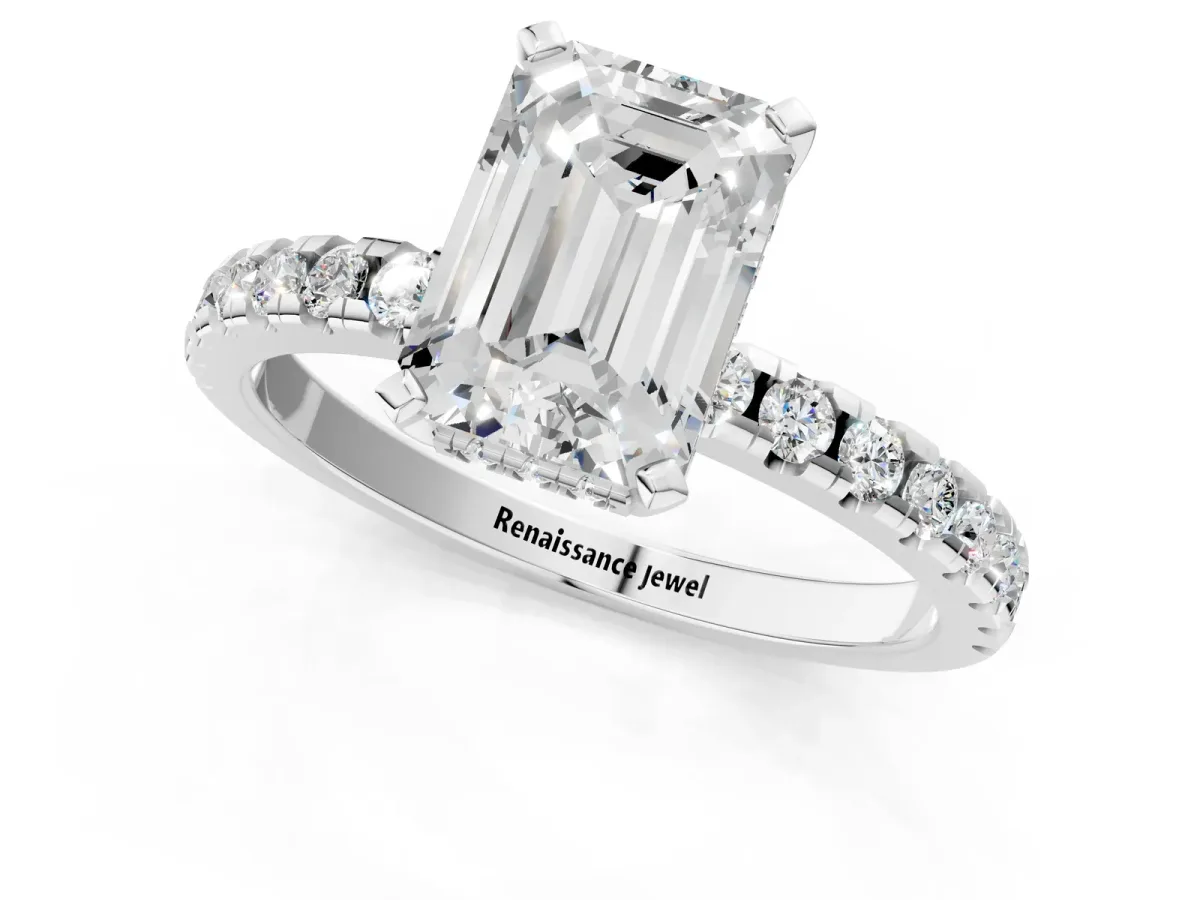 Emerald Cut Diamond Solitaire Ring with Round Moissanite Pavé Band and Four-Prong Setting Silver