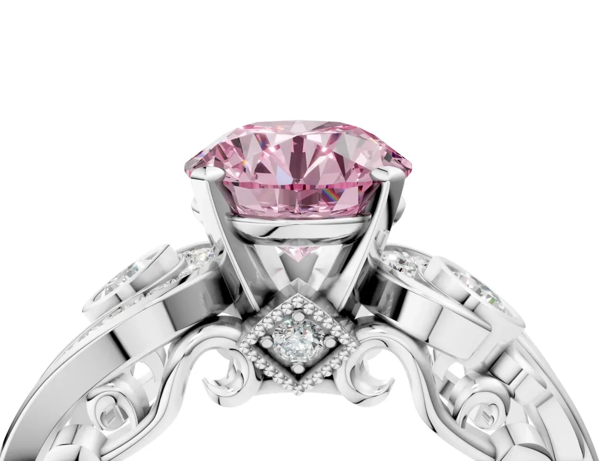 Fancy Pink Round Cut Diamond Solitaire Ring with Milgrain Pavé Band and Four-Prong Setting Silver